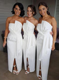 modest sheath ruffles satin beach peplum long white bridesmaid dresses with split