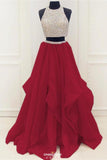 modest organza prom dress with ruffles two piece beading formal dress