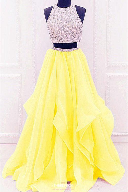 modest organza prom dress with ruffles two piece beading formal dress