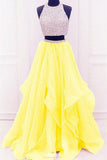 modest organza prom dress with ruffles two piece beading formal dress