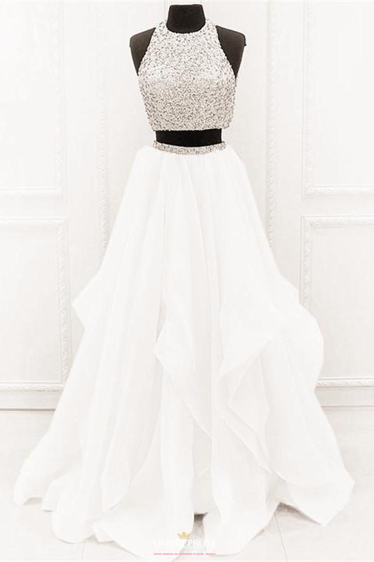 modest organza prom dress with ruffles two piece beading formal dress