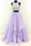 modest organza prom dress with ruffles two piece beading formal dress