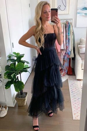 new a line layered tulle black prom dress sheer corset long evening dress