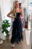 new a line layered tulle black prom dress sheer corset long evening dress