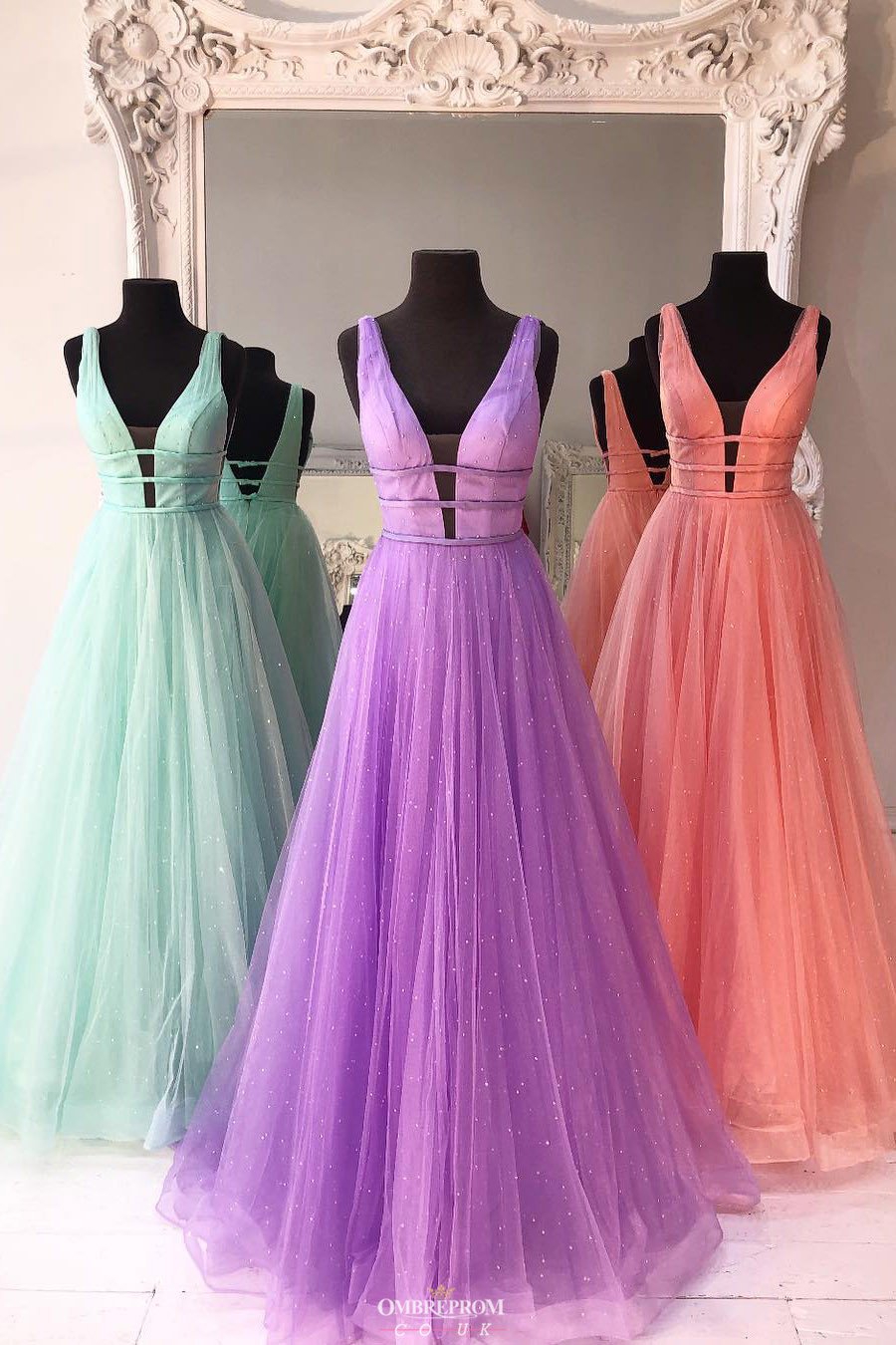 new deep v neck solid tulle a line long prom dress with beading