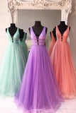 new deep v neck solid tulle a line long prom dress with beading