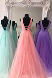 new deep v neck solid tulle a line long prom dress with beading