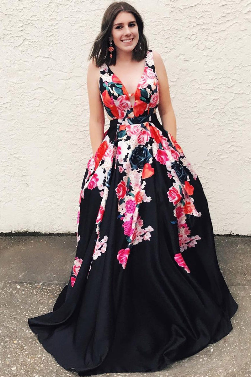 a line v neck floral print black long prom dress with pockets