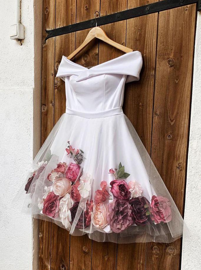 white off shoulder short prom homecoming dress with 3d florals