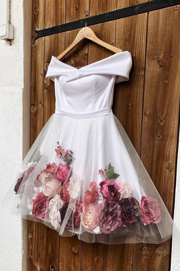 white off shoulder short prom homecoming dress with 3d florals