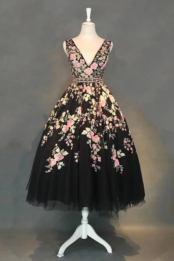 a line v neck black floral tea length prom dresses with beading