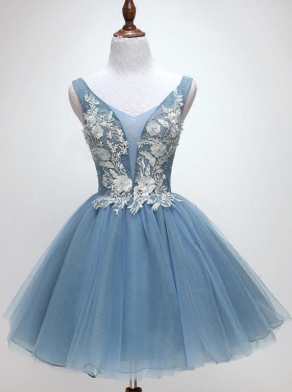 princess dusty blue floral homecoming dress cute short graduation dress