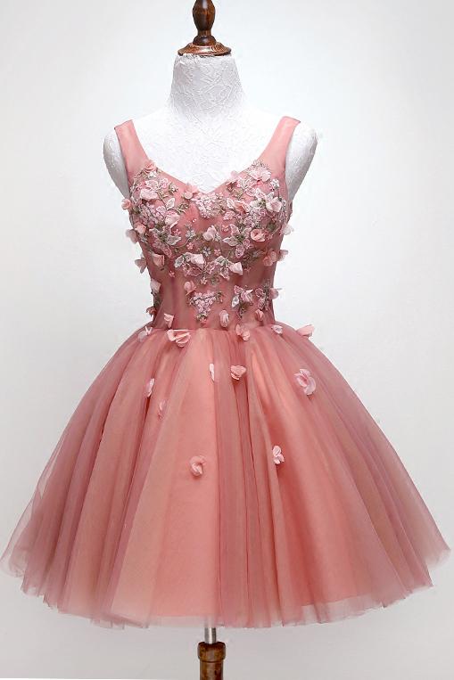 chic floral appliques sweet 16 dress a line v neck peach homecoming dress