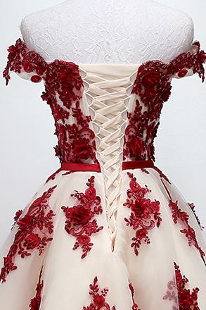 chic off shoulder short sweet 16 dress homecoming dress with burgundy beaded appliques