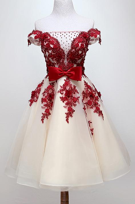 chic off shoulder short sweet 16 dress homecoming dress with burgundy beaded appliques