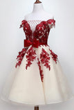 chic off shoulder short sweet 16 dress homecoming dress with burgundy beaded appliques