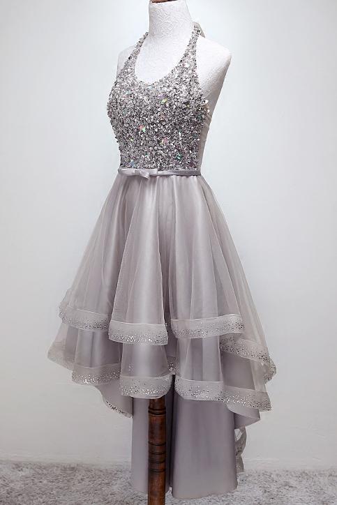 sparkly halter sequins bodice high low prom dress tulle homecoming dress