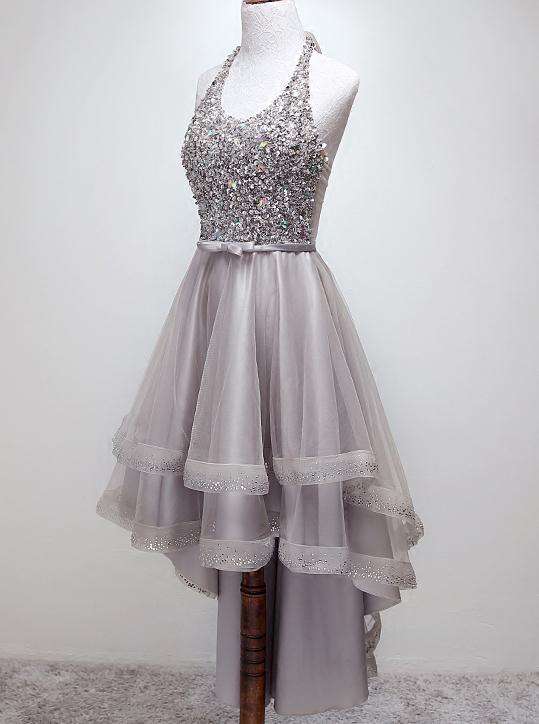 sparkly halter sequins bodice high low prom dress tulle homecoming dress