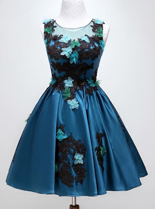round neckline satin appliques homecoming dress dark teal party dress