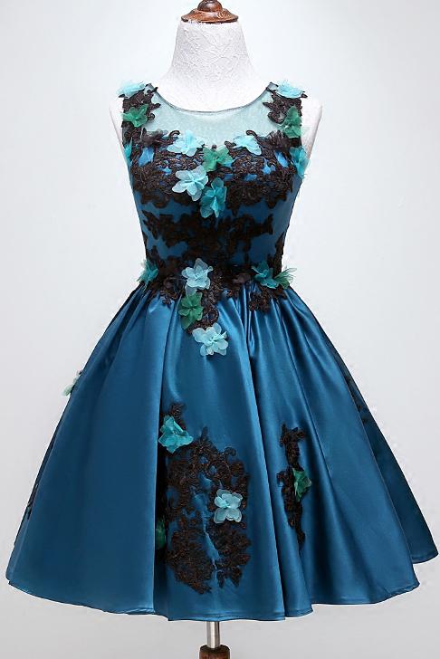 round neckline satin appliques homecoming dress dark teal party dress