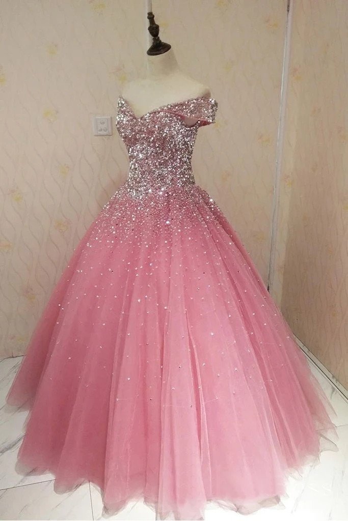 Sparkly off-shoulder ball gown prom dresses beaded evening dress mg282
