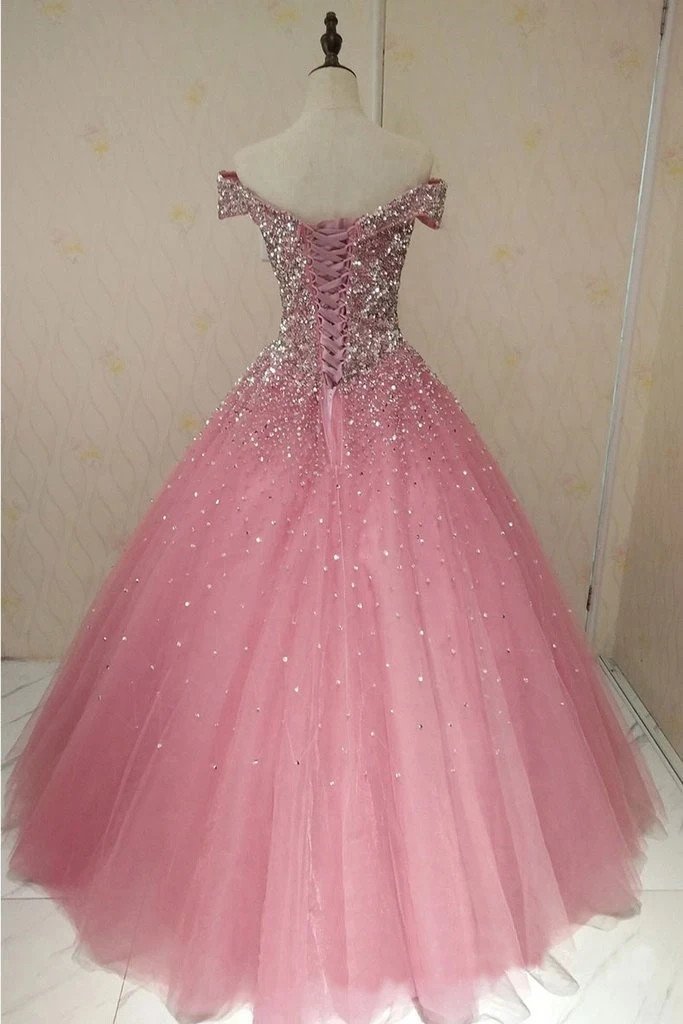 Sparkly off-shoulder ball gown prom dresses beaded evening dress mg282