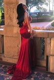 Spaghetti straps backless prom dress mermaid burgundy long evening gown mg247