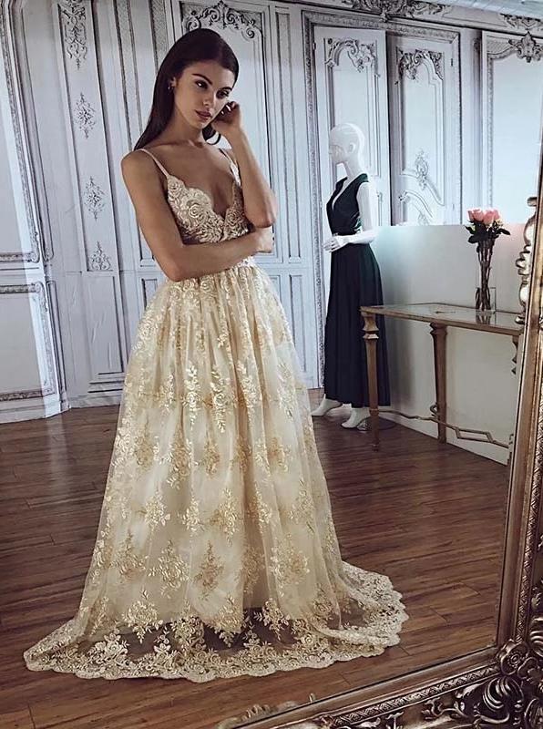 Spaghetti-straps a line v-neck prom dress long appliques evening dress mg242