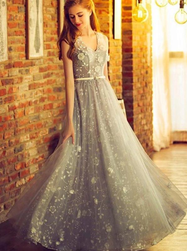 A line silver long prom dress tulle v-neck formal dress mg243