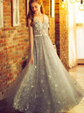 A Line Silver Long Prom Dress Tulle V-neck Formal Dress MG243