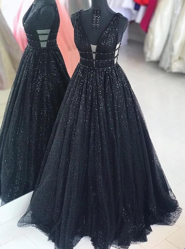 Sparkly long a line black prom dresses, v-neck sequins party dresses mg280
