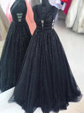 Sparkly long a line black prom dresses, v-neck sequins party dresses mg280