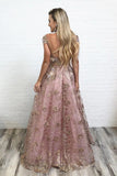 Sheer neckline cap sleeves long prom dresses with appliques mg278