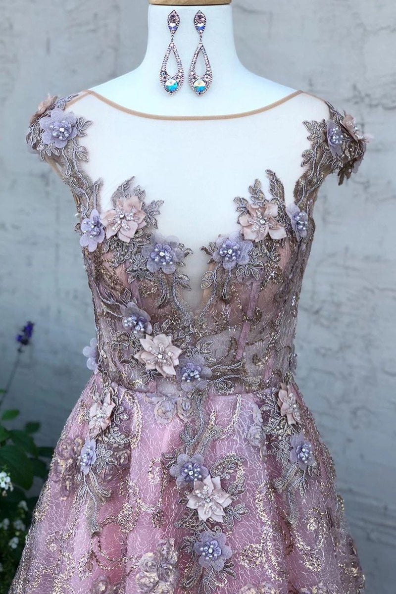 Sheer neckline cap sleeves long prom dresses with appliques mg278