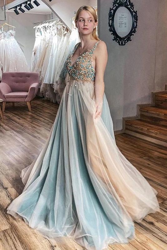 A-line v neck tulle beading prom dresses plus size evening dress mg277