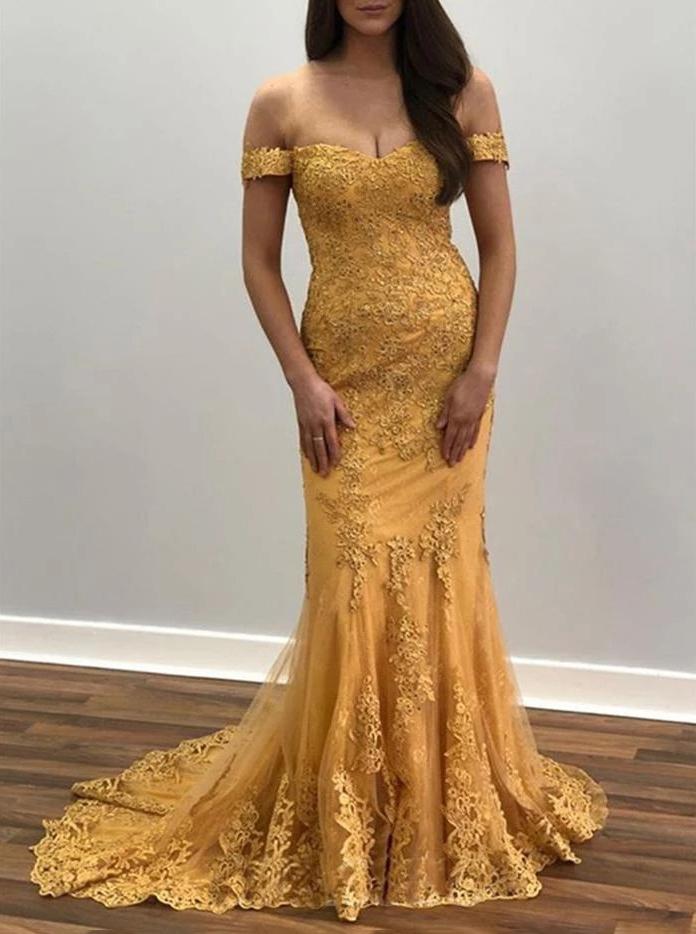 Off shoulder lace appliques mermaid prom dresses gold evening dress mg284