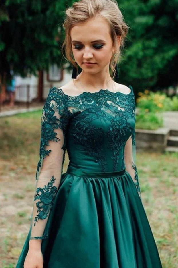 Off-shoulder lace long sleeves satin hunter prom evening dresses mg261