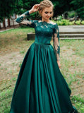 Off-shoulder lace long sleeves satin hunter prom evening dresses mg261