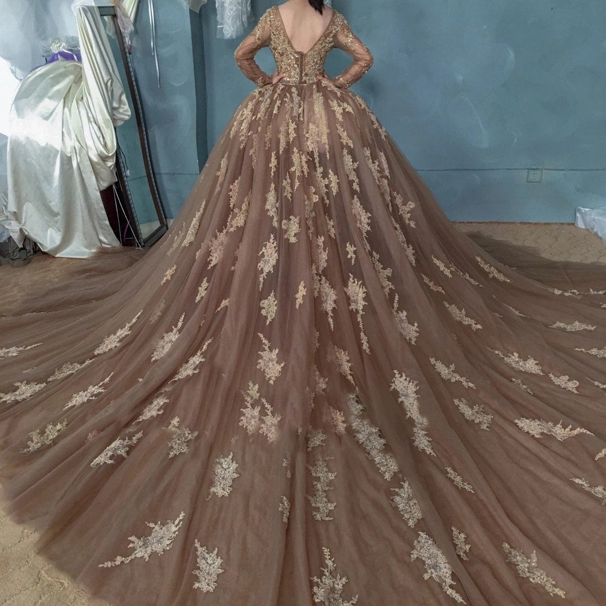 Vintage sheer neck ball gown prom dress, long sleeves evening dress mg283