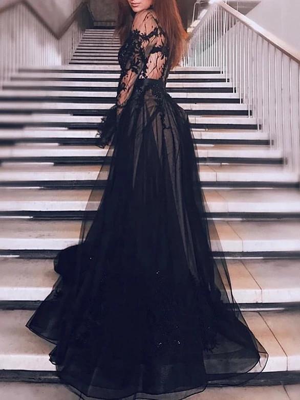 Black lace long sleeve prom dresses tulle high neck evening dress mg268