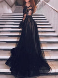 Black Lace Long Sleeve Prom Dresses Tulle High Neck Evening Dress MG268