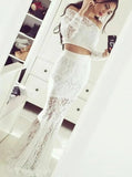 Off Shoulder Long Sleeves Mermaid Lace Prom Dresses Two Piece Evening Dress MG285