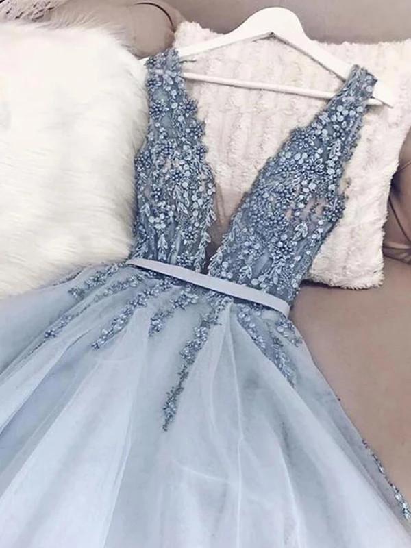 Tulle light blue long prom dress a line long beading formal dress mg265