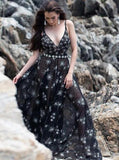 Starry night black prom dress long v neck tulle evening dress mg264