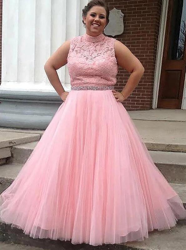 Pink tulle keyhole back long plus size prom dress with beading mg260