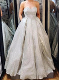 Sparkly a-line sweetheart silver long prom dress with pockets mg246