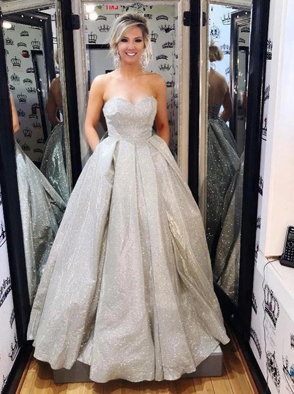 Sparkly a-line sweetheart silver long prom dress with pockets mg246