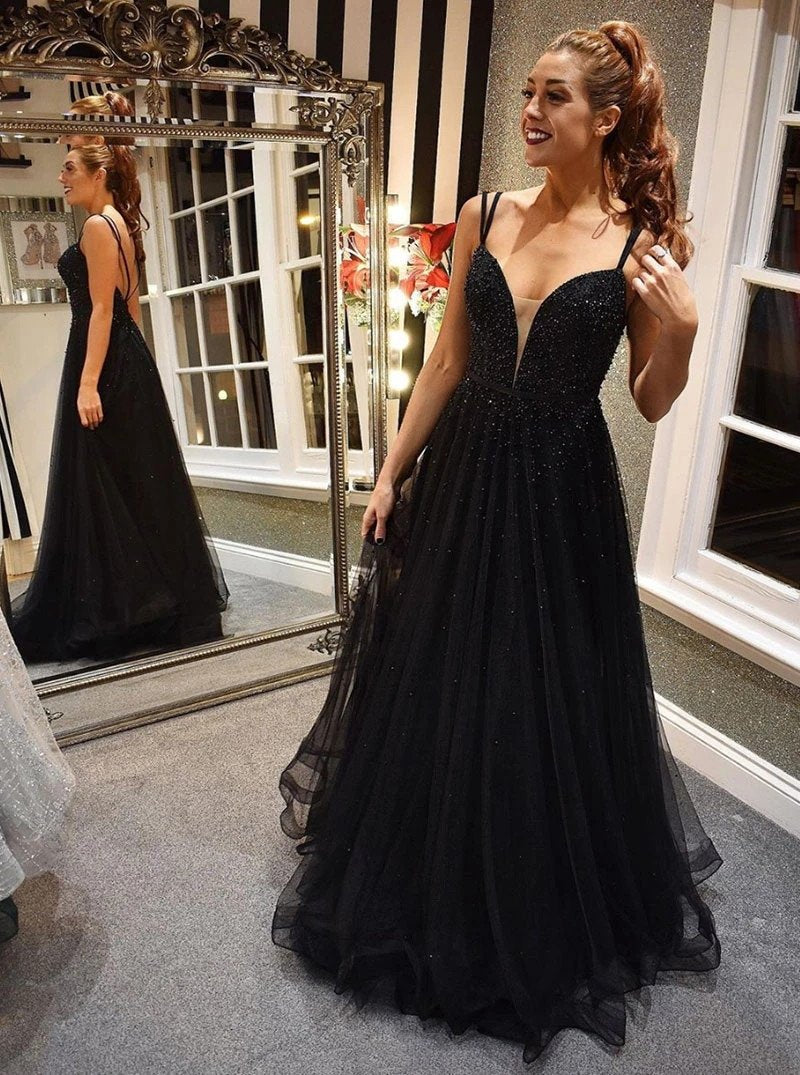 A-line V-neck Tulle Black Prom Dresses Backless Formal Gown With Beading MP42