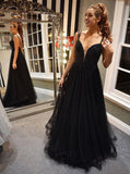 A-line V-neck Tulle Black Prom Dresses Backless Formal Gown With Beading MP42