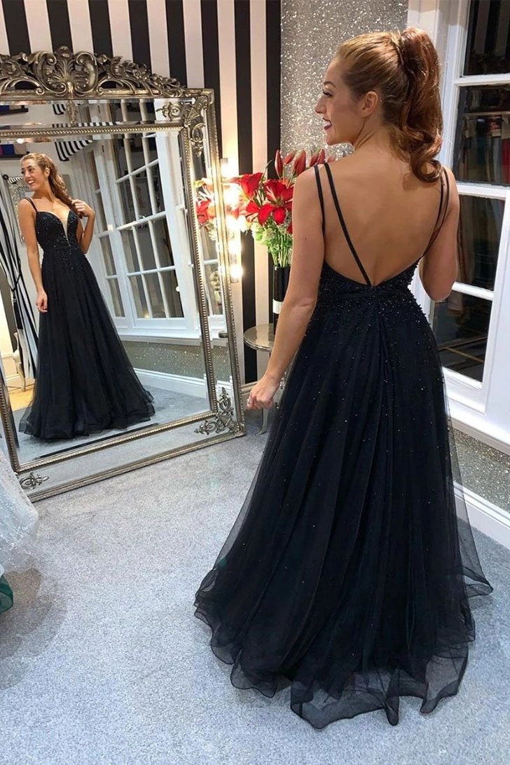 A-line V-neck Tulle Black Prom Dresses Backless Formal Gown With Beading MP42